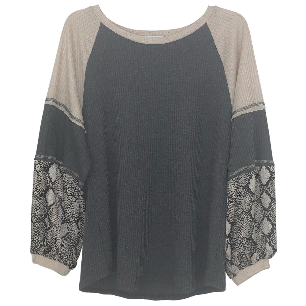 Grey Waffle Knit Top With Snake Print Sleeves